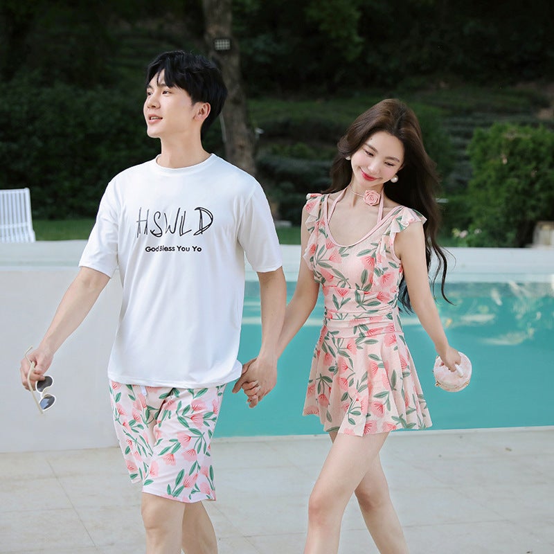 Couple Swimsuit Fashion Print Slimming Tummy Control Women'S Skirt-Style One-Piece Swimsuit Men'S Beach Shorts Couple Swimwear - Image 4